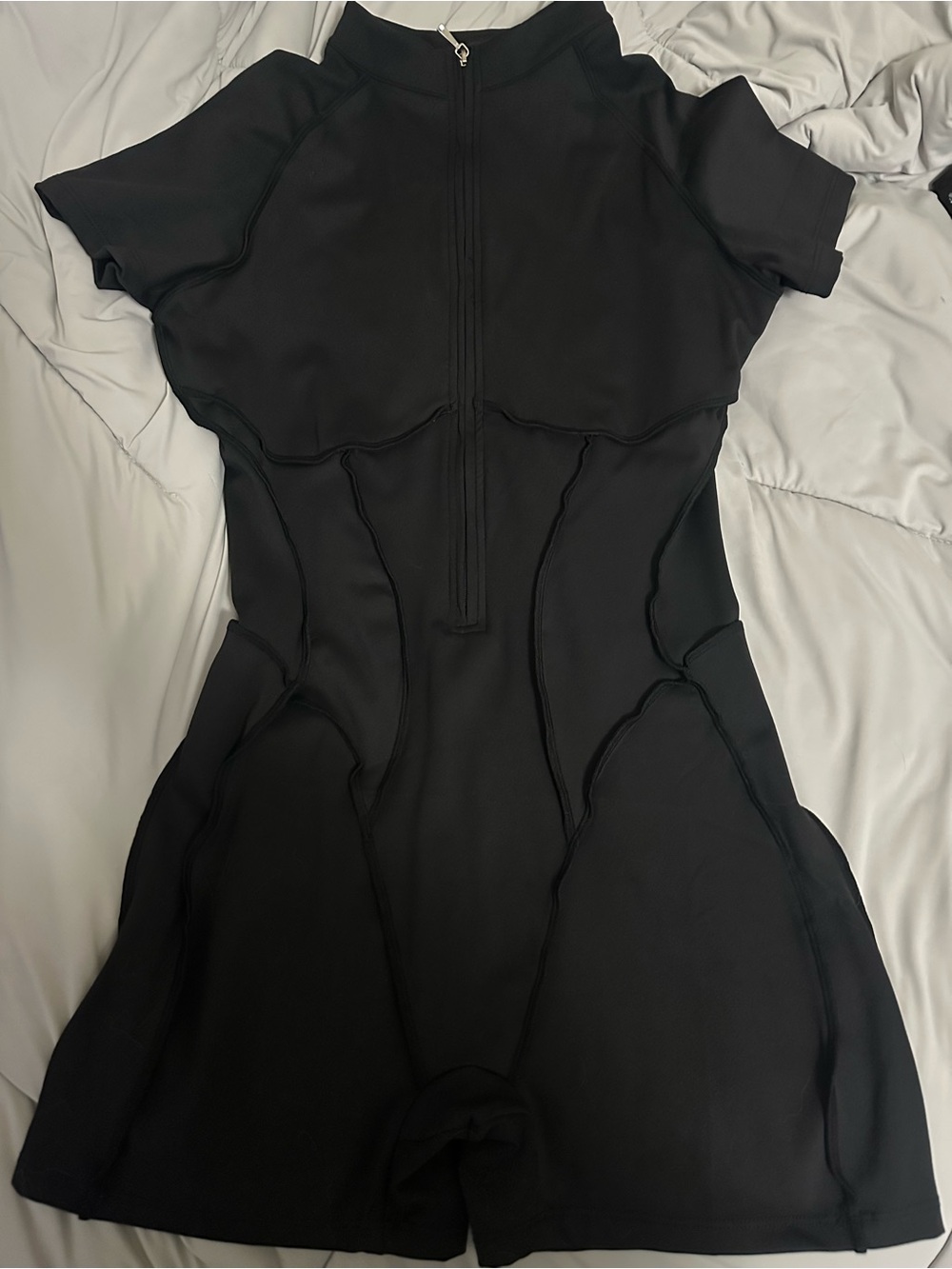 Black Short Sleeve Zip-Front Sculpting romper